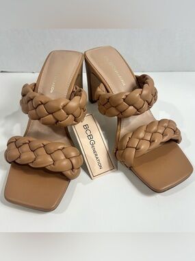 BCBGeneration Braided Double-Strap Block Heel Sandals in Tan